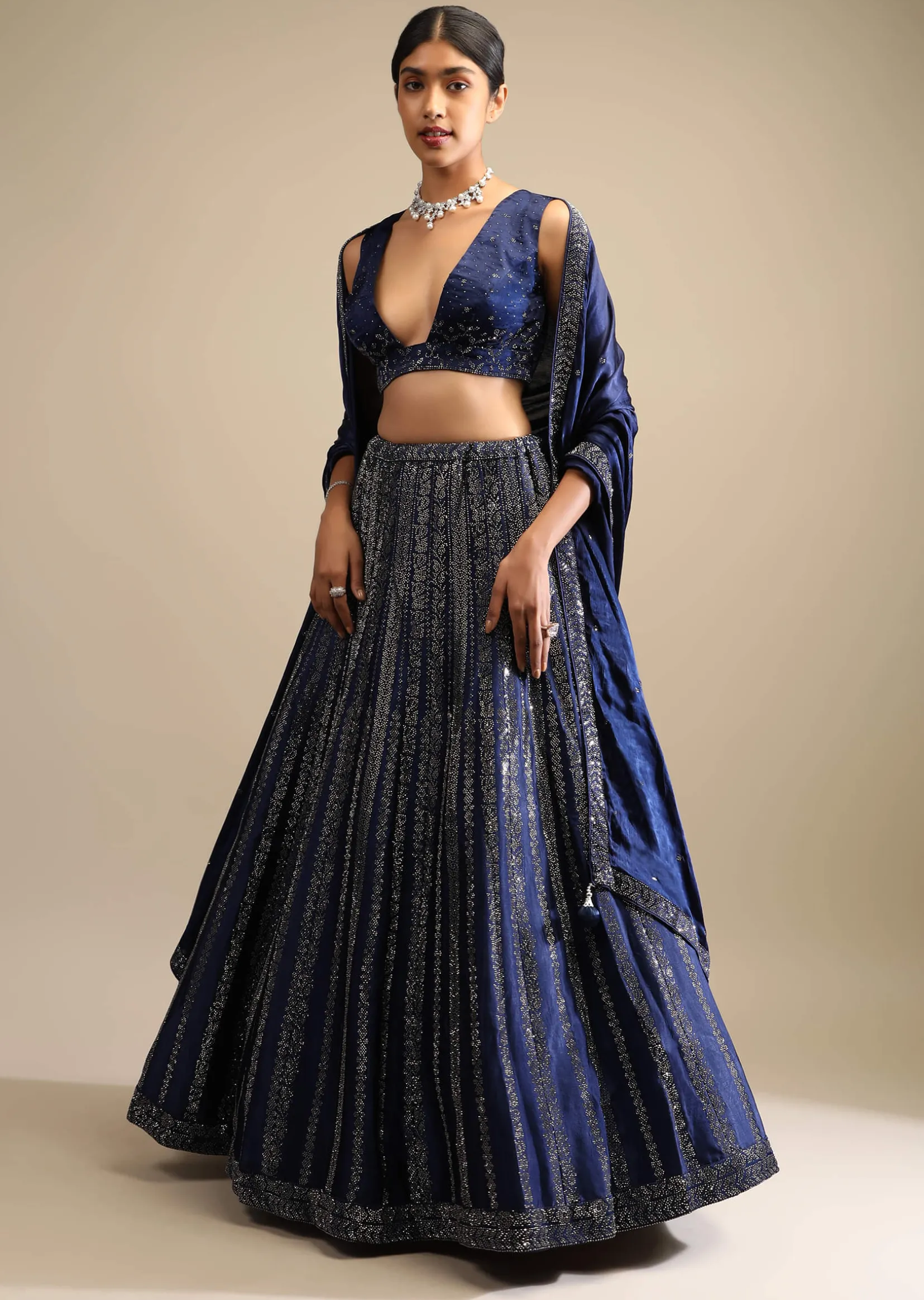 Navy Blue Lehenga In Satin Blend Embellished With Kundan Work In Striped Design