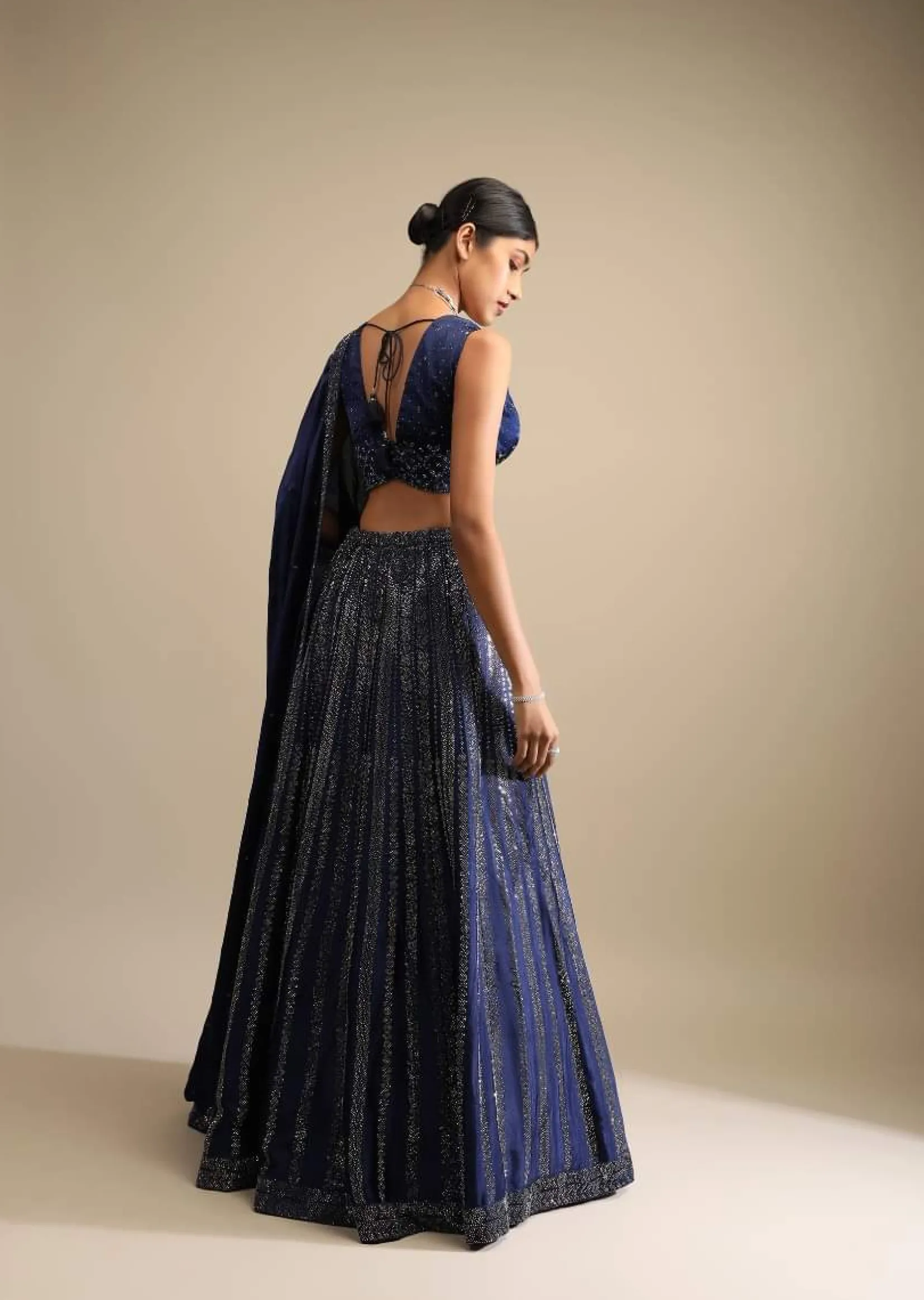 Navy Blue Lehenga In Satin Blend Embellished With Kundan Work In Striped Design