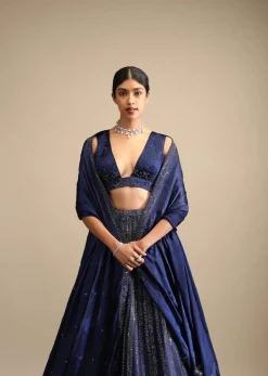 Navy Blue Lehenga In Satin Blend Embellished With Kundan Work In Striped Design