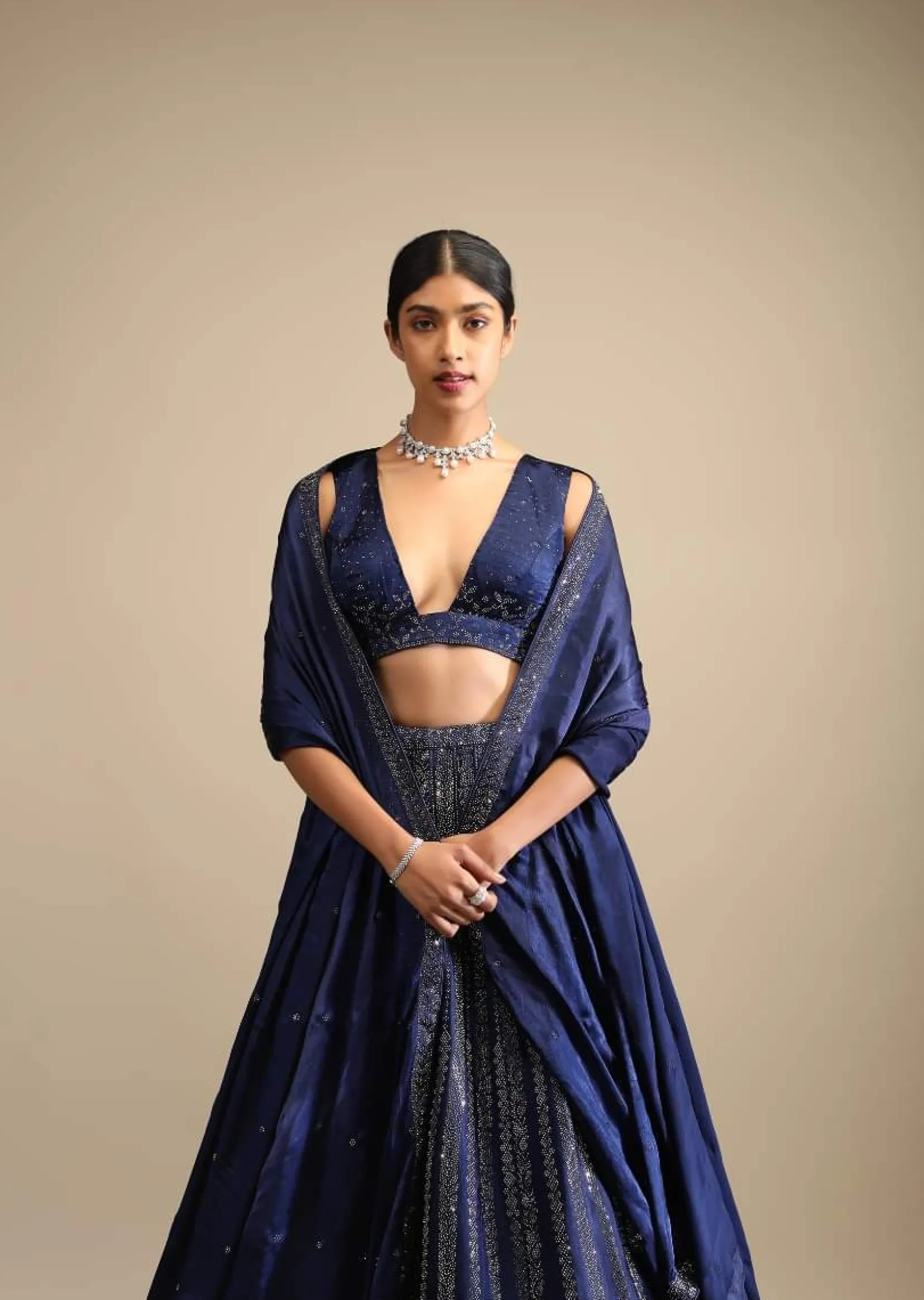 Navy Blue Lehenga In Satin Blend Embellished With Kundan Work In Striped Design
