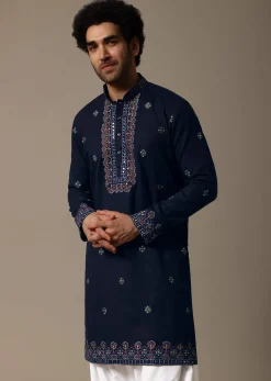 Navy Blue Linen Kurta Salwar For Men