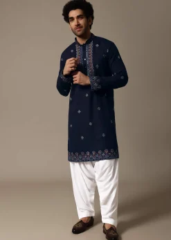 Navy Blue Linen Kurta Salwar For Men