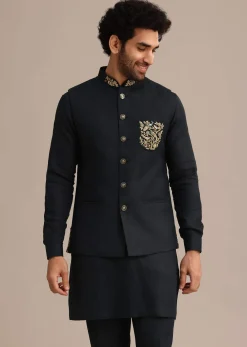 Navy Blue Linen Zardosi Embroidered Jacket Kurta Set