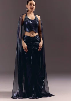 Navy Blue Lycra Sequin Saree With Halter Neck Blouse