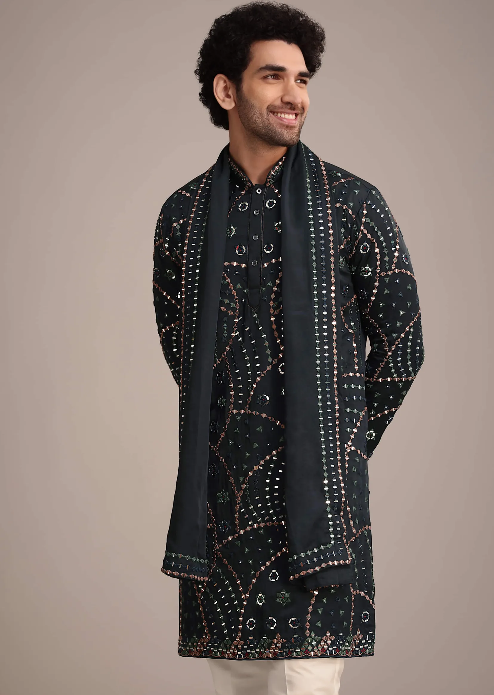 Navy Blue Mirror Work Kurta Dupatta Set