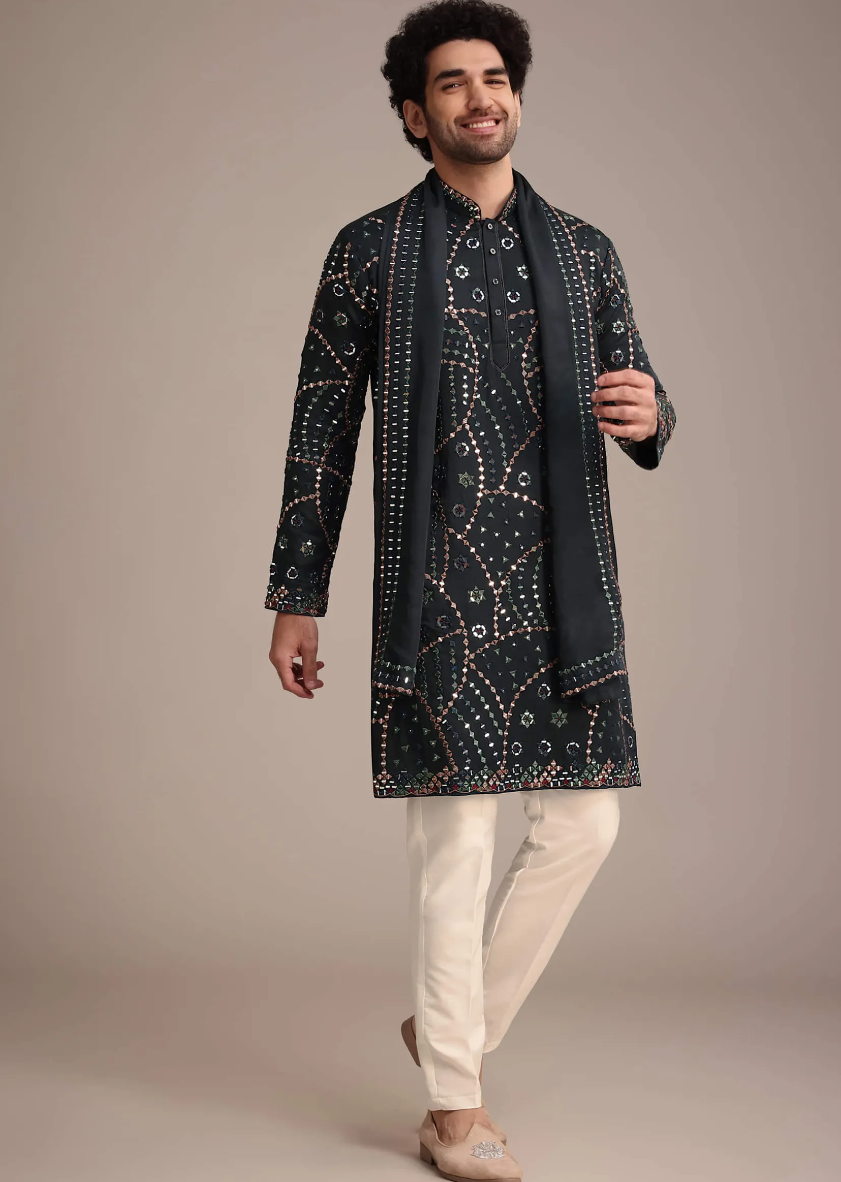 Navy Blue Mirror Work Kurta Dupatta Set