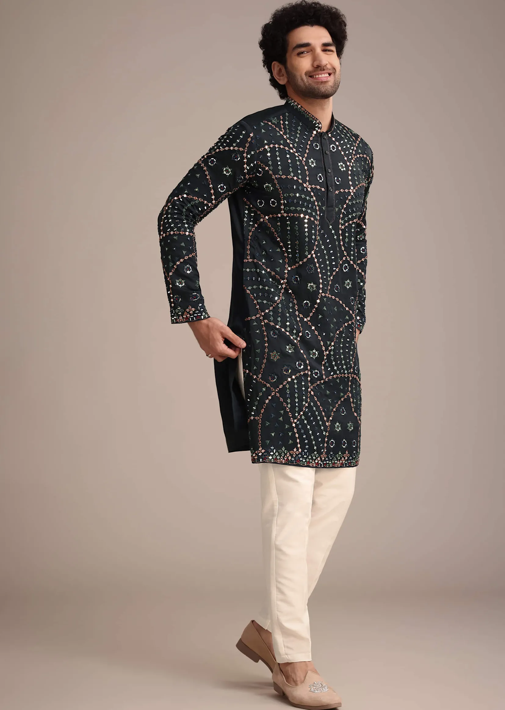 Navy Blue Mirror Work Kurta Dupatta Set