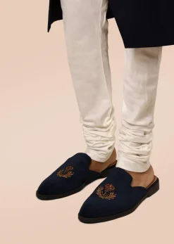 Navy Blue Mules In Suede With Zari Embroidered Motif