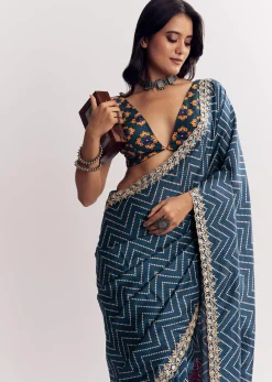 Navy Blue Muslin Ajrakh Printed Saree With Gota And Mirror Work