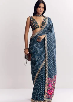 Navy Blue Muslin Ajrakh Printed Saree With Gota And Mirror Work