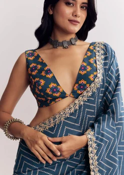 Navy Blue Muslin Ajrakh Printed Saree With Gota And Mirror Work