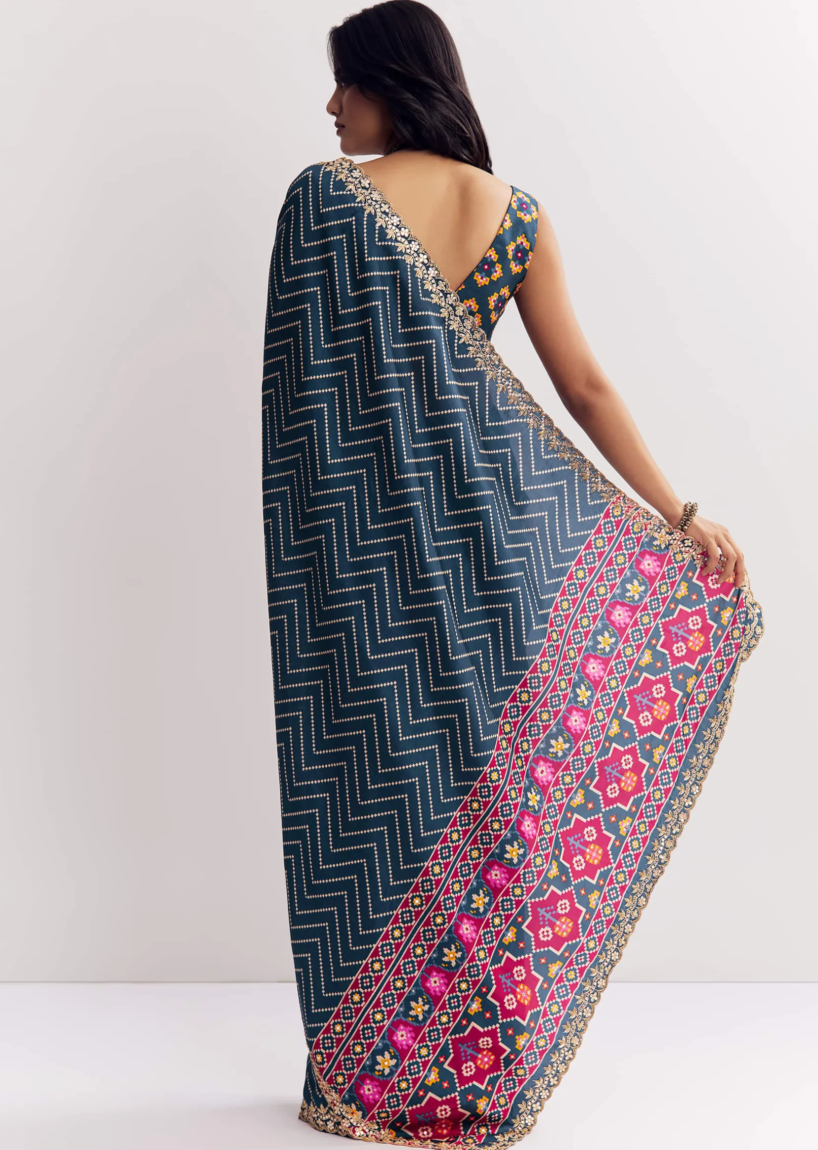 Navy Blue Muslin Ajrakh Printed Saree With Gota And Mirror Work