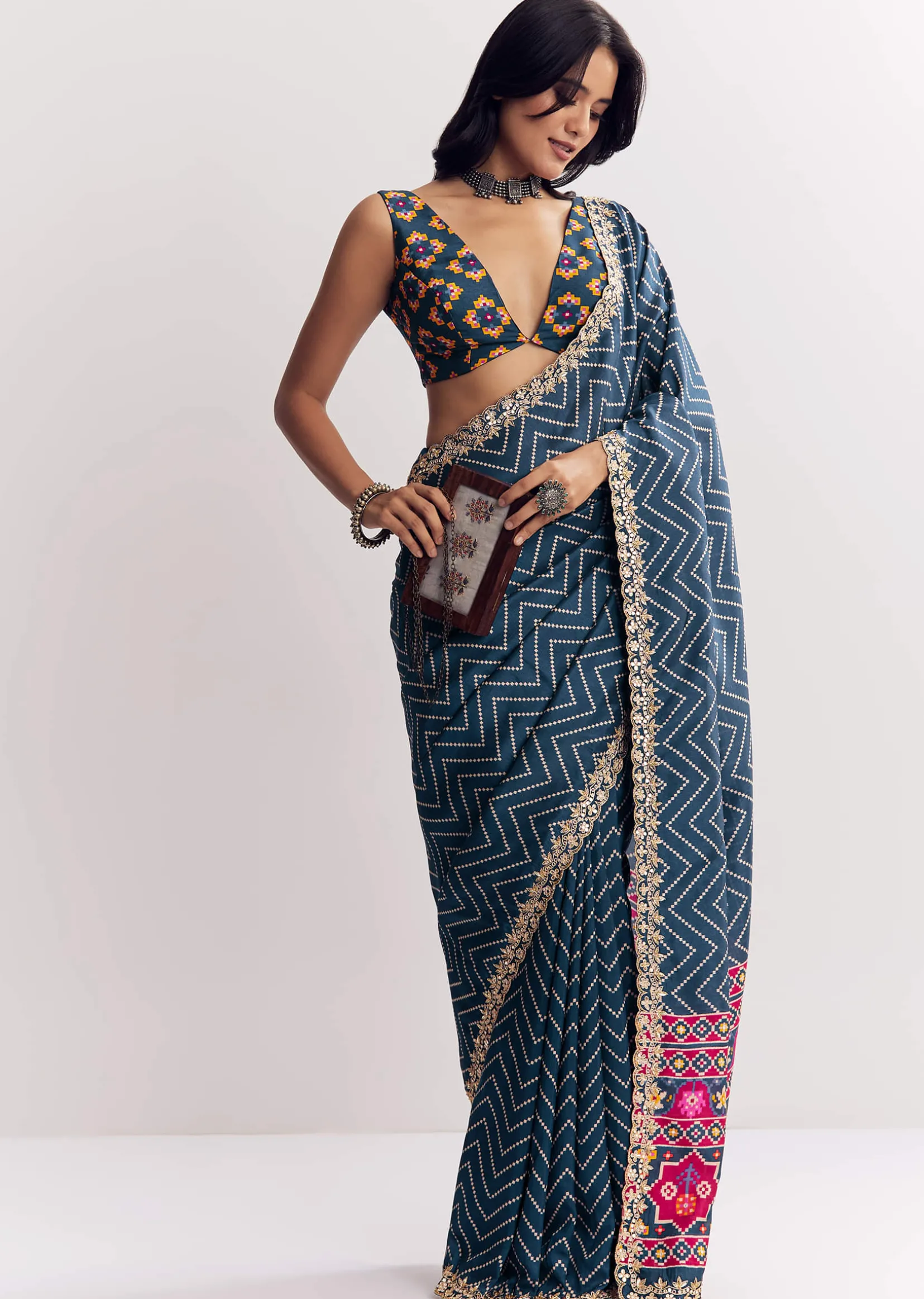 Navy Blue Muslin Ajrakh Printed Saree With Gota And Mirror Work