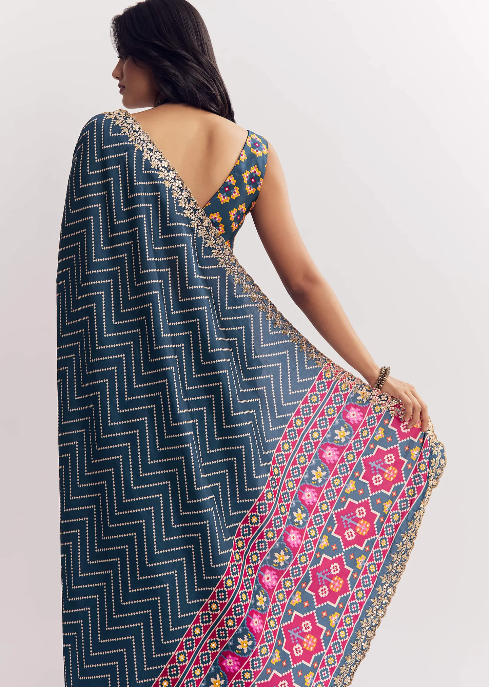 Navy Blue Muslin Ajrakh Printed Saree With Gota And Mirror Work