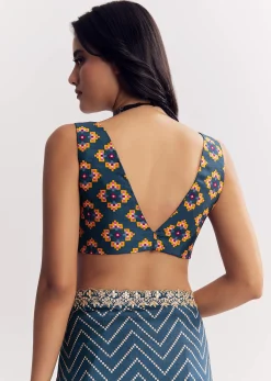 Navy Blue Muslin Ajrakh Printed Saree With Gota And Mirror Work