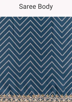 Navy Blue Muslin Ajrakh Printed Saree With Gota And Mirror Work