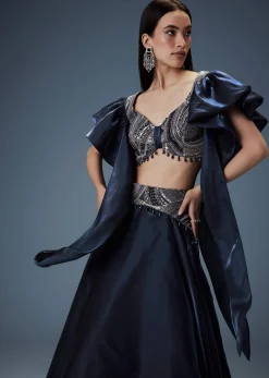 Navy Blue Organza Butterfly Blouse With Skirt