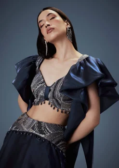 Navy Blue Organza Butterfly Blouse With Skirt