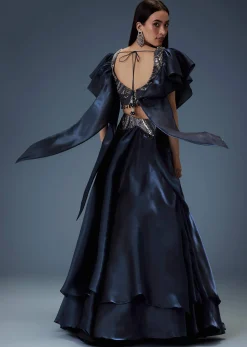 Navy Blue Organza Butterfly Blouse With Skirt