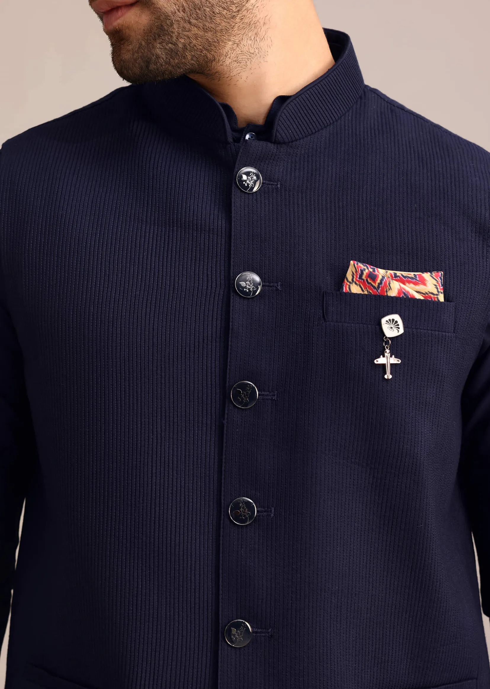 Navy Blue Pintuck Jacket And Kurta Set