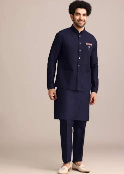 Navy Blue Pintuck Jacket And Kurta Set