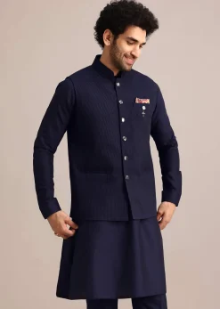 Navy Blue Pintuck Jacket And Kurta Set