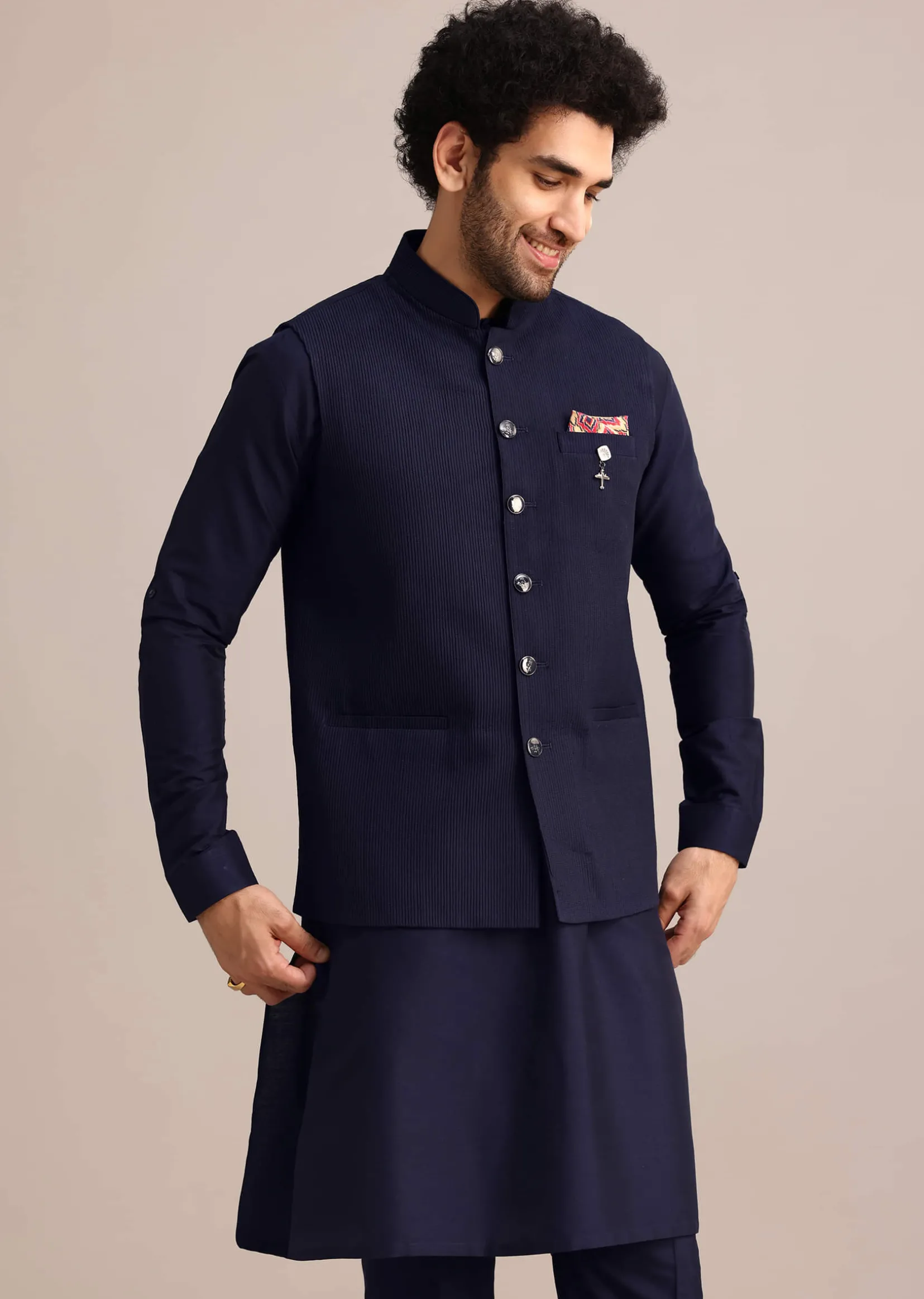 Navy Blue Pintuck Jacket And Kurta Set