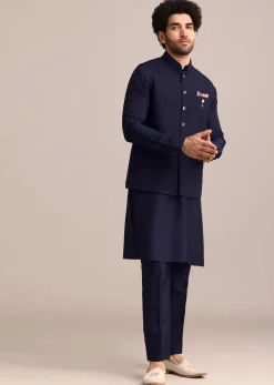 Navy Blue Pintuck Jacket And Kurta Set