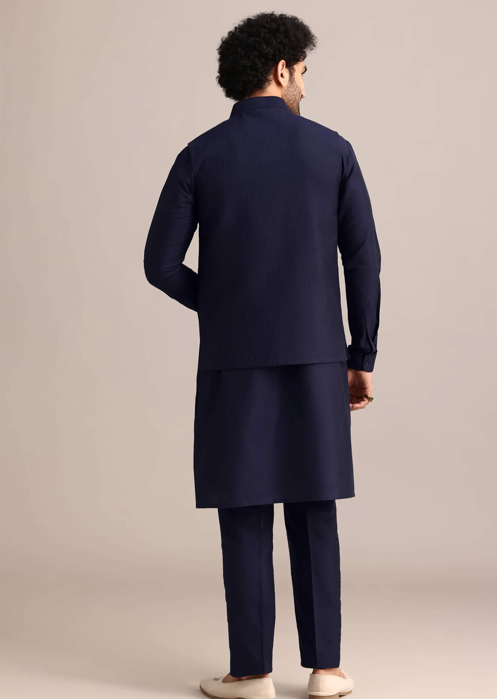 Navy Blue Pintuck Jacket And Kurta Set