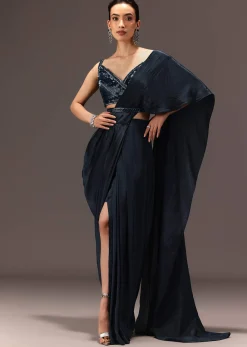 Navy Blue Pre Draped Saree With Sequin Blouse And Belt