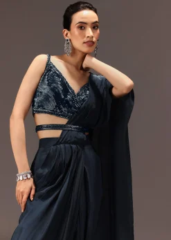 Navy Blue Pre Draped Saree With Sequin Blouse And Belt