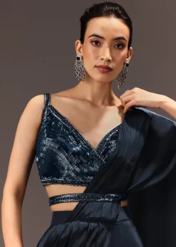 Navy Blue Pre Draped Saree With Sequin Blouse And Belt