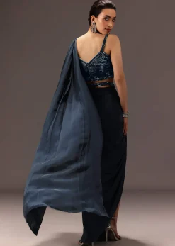 Navy Blue Pre Draped Saree With Sequin Blouse And Belt