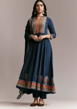 Navy Blue Printed Anarkali Set