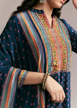 Navy Blue Printed Anarkali Set