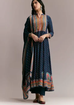 Navy Blue Printed Anarkali Set