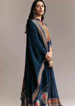 Navy Blue Printed Anarkali Set