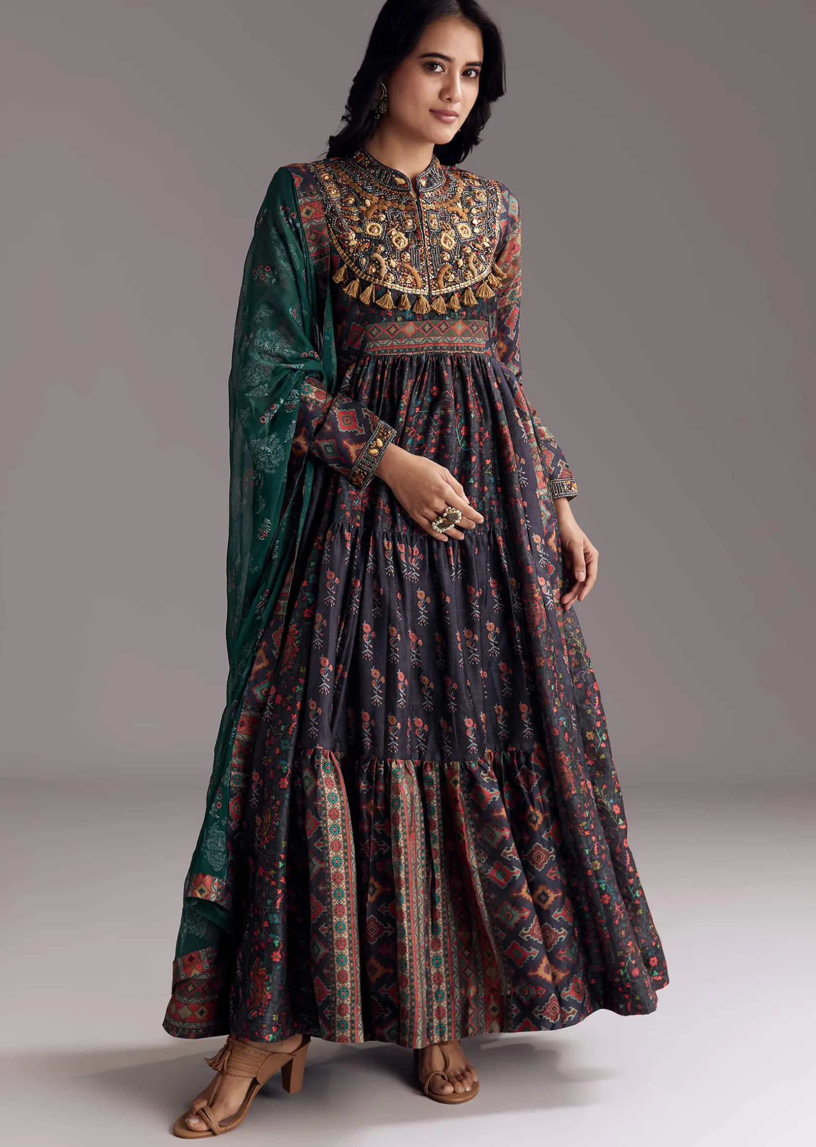 Navy Blue Printed Silk Anarkali With Dupatta