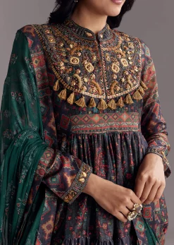Navy Blue Printed Silk Anarkali With Dupatta