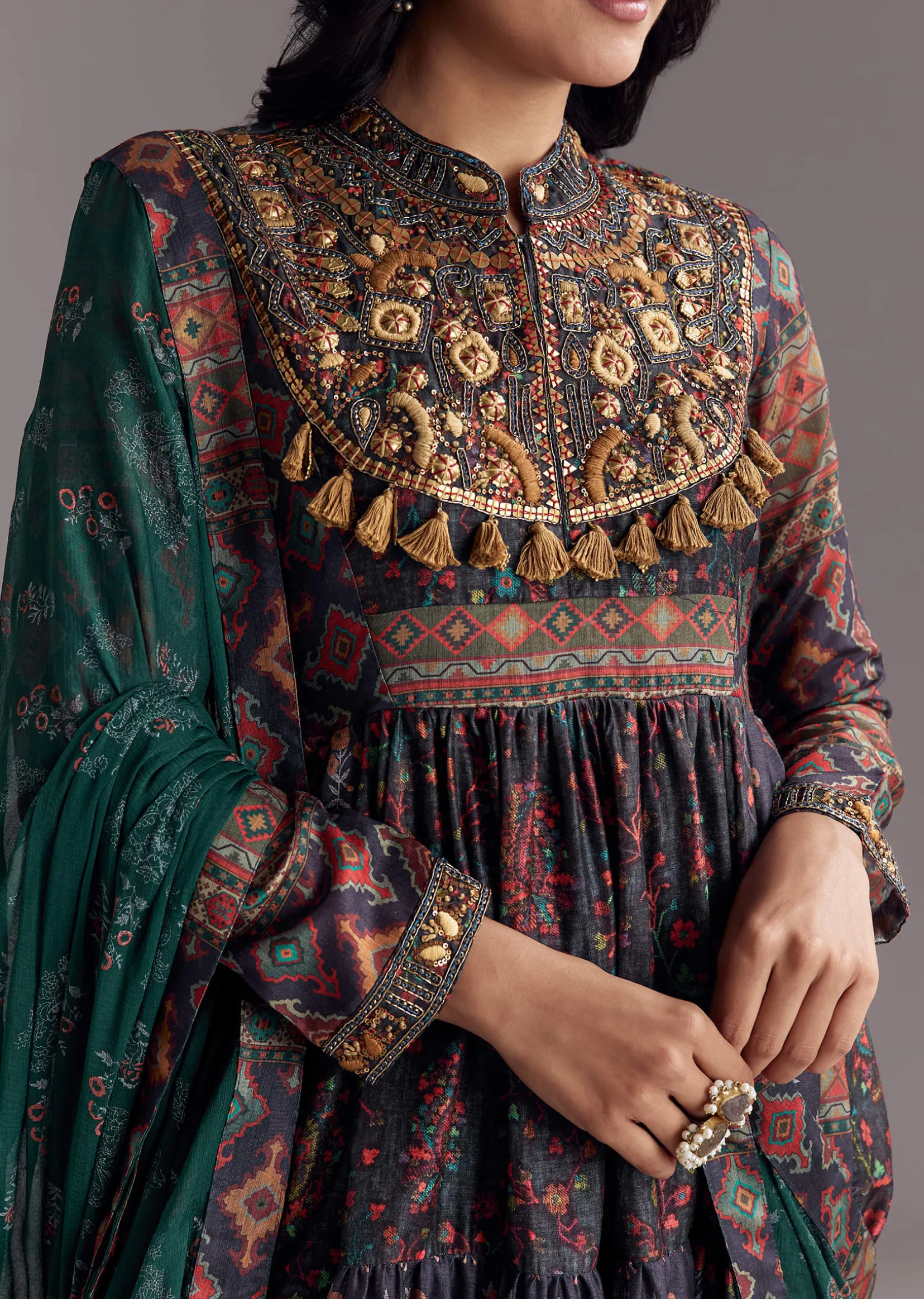 Navy Blue Printed Silk Anarkali With Dupatta
