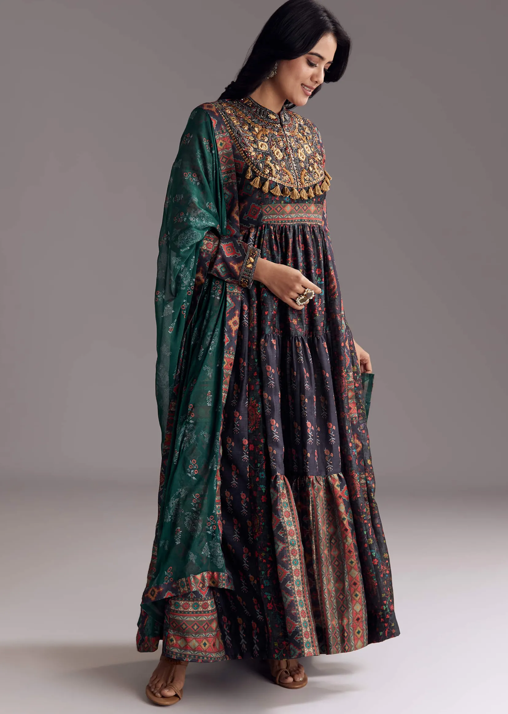 Navy Blue Printed Silk Anarkali With Dupatta