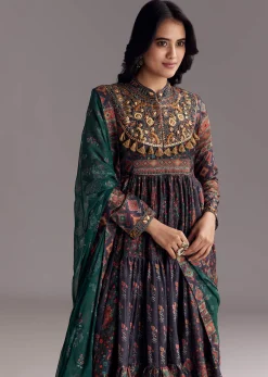 Navy Blue Printed Silk Anarkali With Dupatta