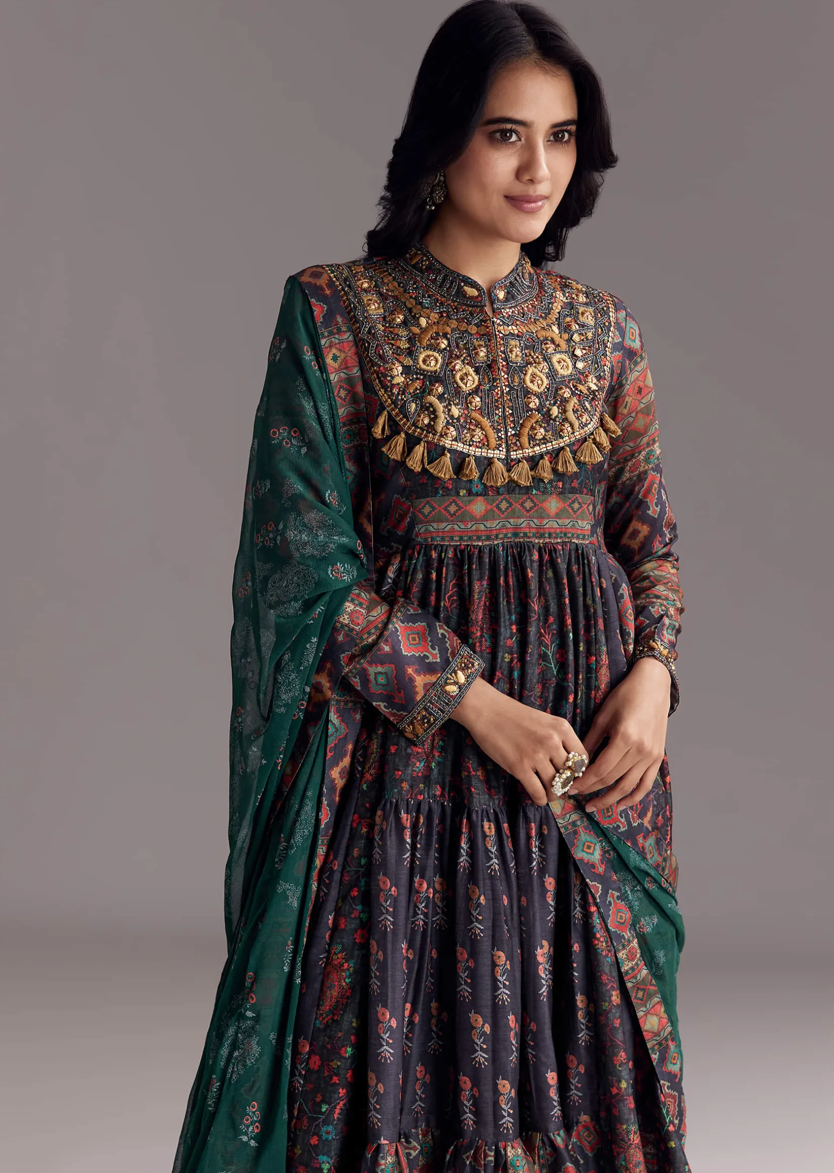 Navy Blue Printed Silk Anarkali With Dupatta