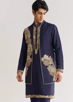 Navy Blue Rawsilk Jacket Kurta Set With Floral Beaded And Threadwork
