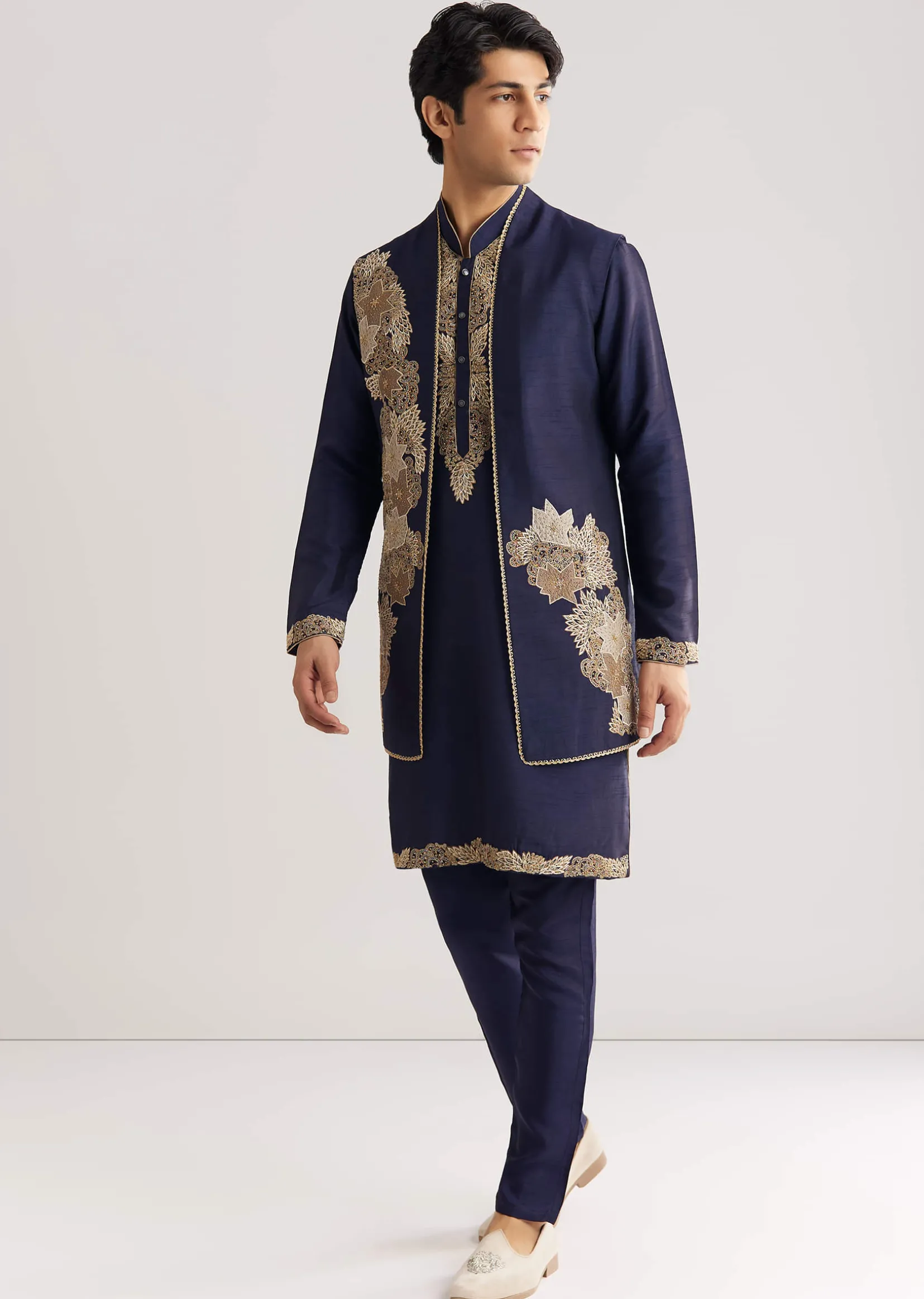 Navy Blue Rawsilk Jacket Kurta Set With Floral Beaded And Threadwork