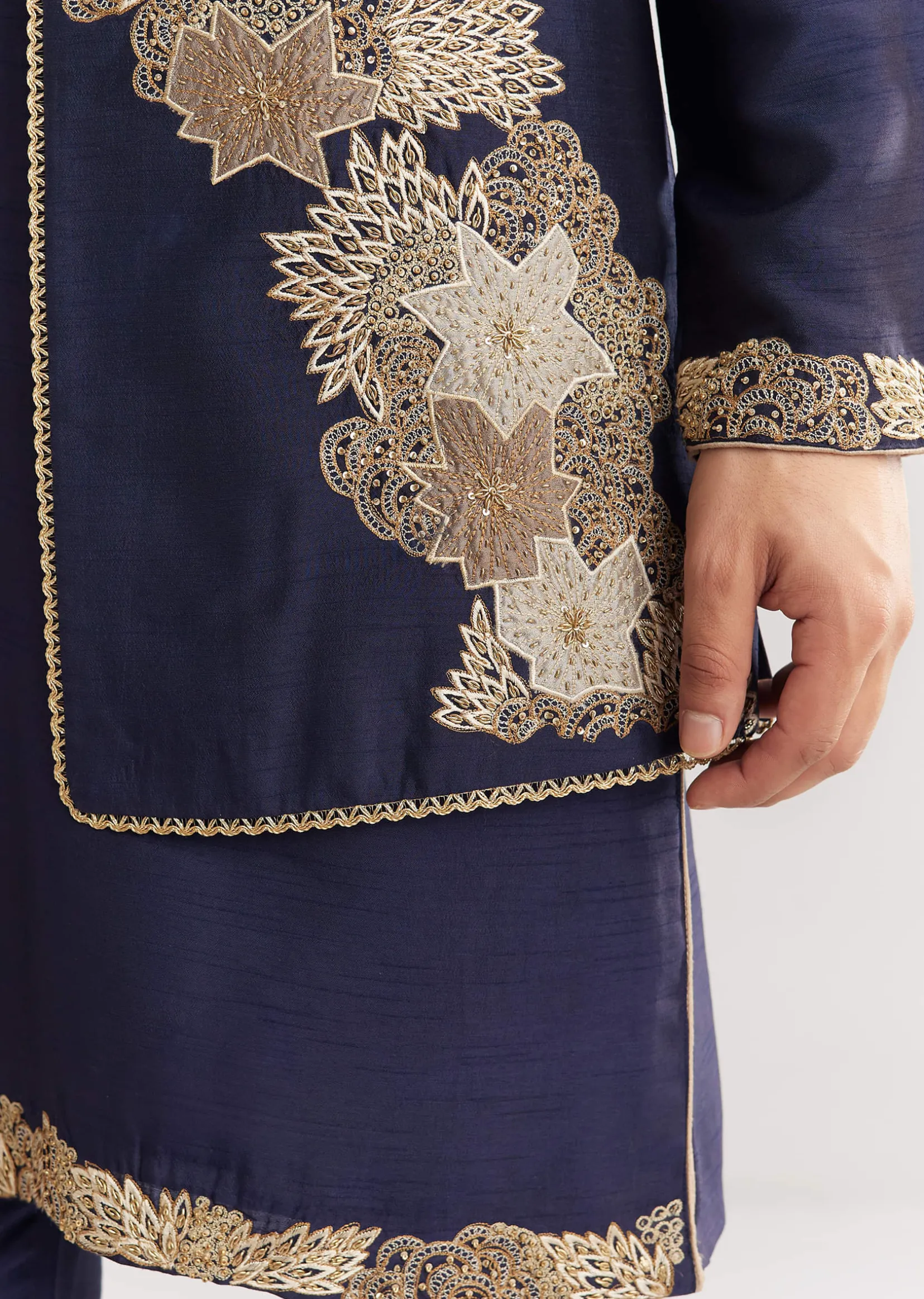 Navy Blue Rawsilk Jacket Kurta Set With Floral Beaded And Threadwork