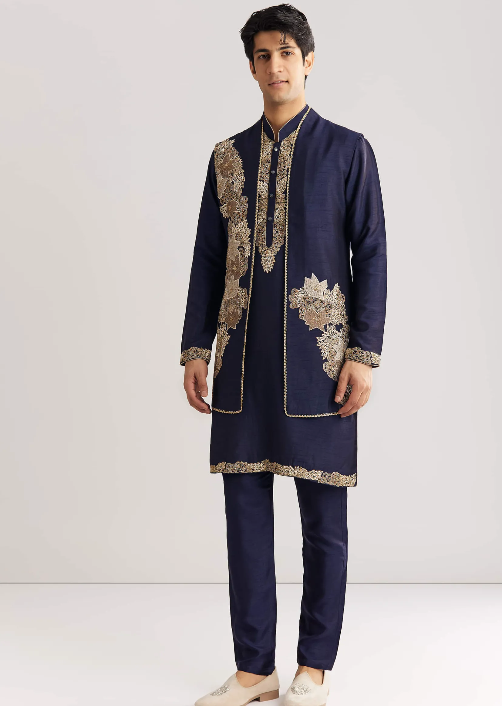 Navy Blue Rawsilk Jacket Kurta Set With Floral Beaded And Threadwork