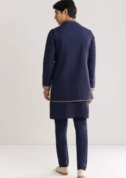 Navy Blue Rawsilk Jacket Kurta Set With Floral Beaded And Threadwork