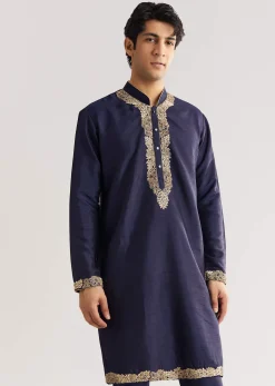 Navy Blue Rawsilk Jacket Kurta Set With Floral Beaded And Threadwork