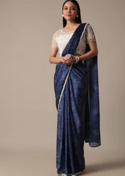 Navy Blue Readymade Saree With Stitched Blouse